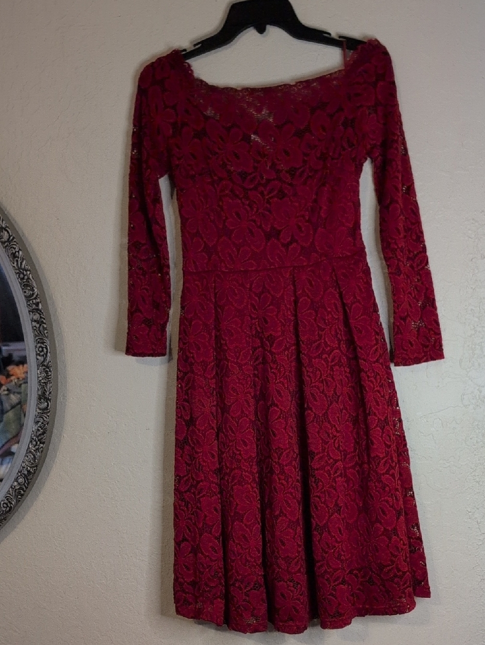 Long Sleeve Floral Lace Fit & Flare Dress in Burgundy